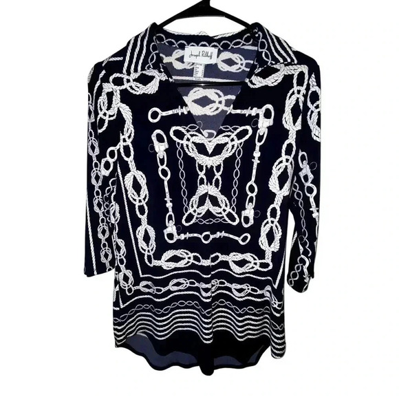 Joseph Ribkoff Rope & Chain Link Navy Blue Womans Blouse - Picture 2 of 6